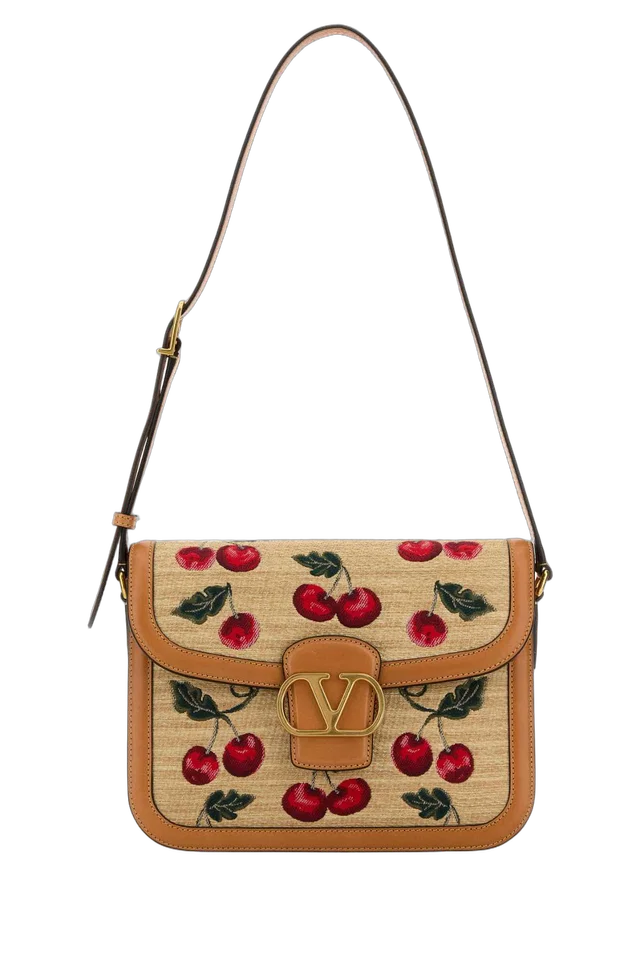 Valentino Garavani Cherry-Embroidered Raffia Shoulder Bag — Beige in Beige Raffia from HEWI