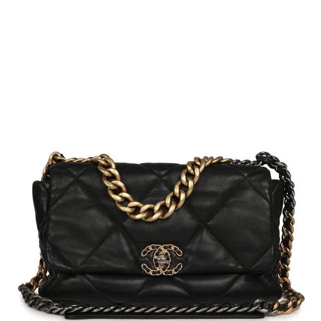 Chanel Large 19 Flap Bag Black Shiny Lambskin Mixed Metal Hardware in Black Lambskin from Madison Avenue Couture