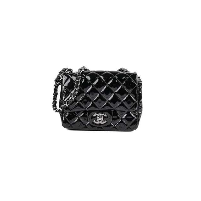 Chanel Mini Square Flap Patent Black Bag in Black Patent leather from The Purse Affair