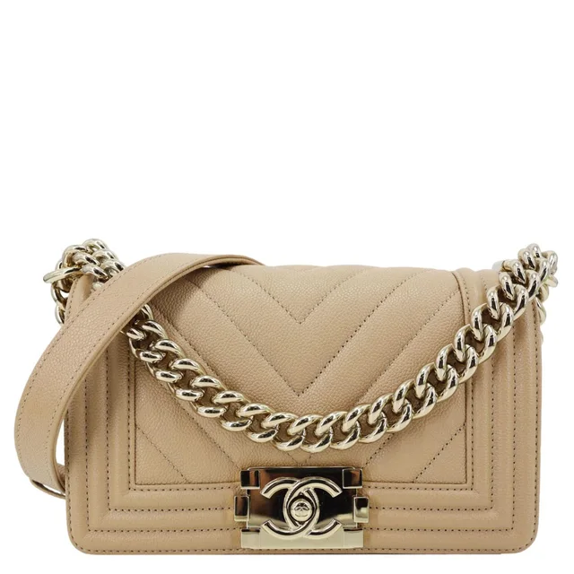 Chanel Boy Flap Small Chevron Leather Shoulder Bag Beige in Beige Leather from Dallas Designer Handbags