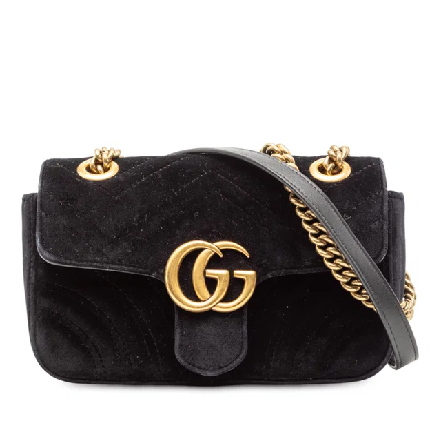 Black Gucci Small GG Marmont Matelasse Velvet Shoulder Bag in Black Velvet from Designer Revival