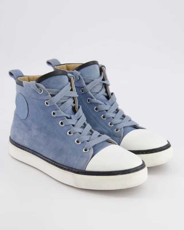 Hermès Blue Suede Jimmy High-Top Trainers with Leather Logo Detail and White Soles Size EU 38 in White Suede from Sellier, photo 2 of 2