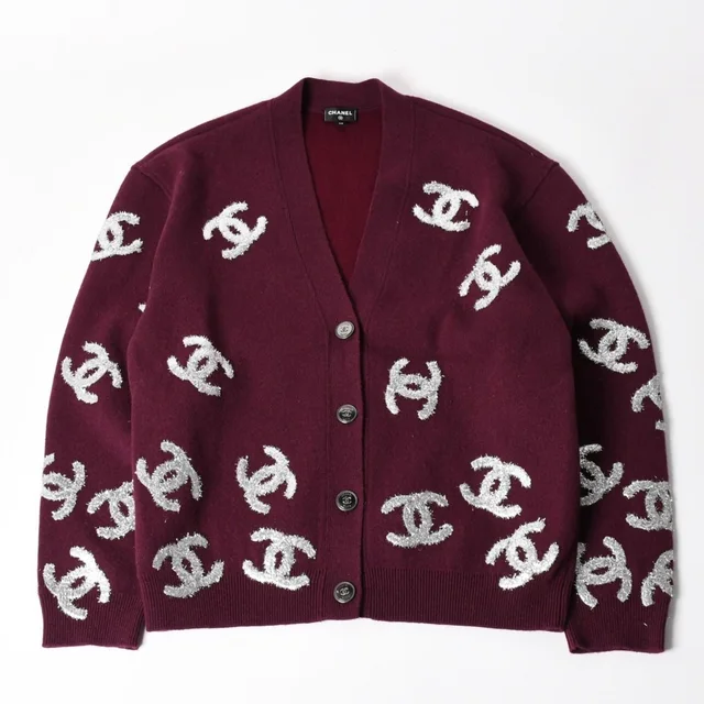 Chanel All Over CC Mark Glitter Cashmere Cardigan Burgundy Silver in Burgundy Cashmere from The Reluxe