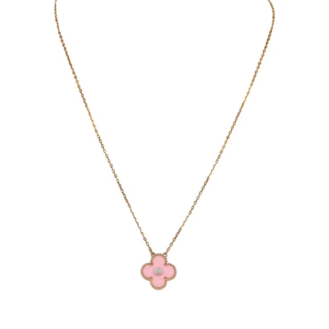 Van Cleef & Arpels 2015 Holiday Vintage Alhambra Pendant Necklace Light Pink Porcelain & Diamonds 18K Rose Gold in Pink from Madison Avenue Couture