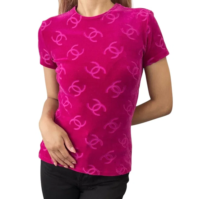 Chanel Vintage 1996 CC Logo Velour T-shirt #40 Short Sleeve Top Pink Red in Red from Luxury Promise