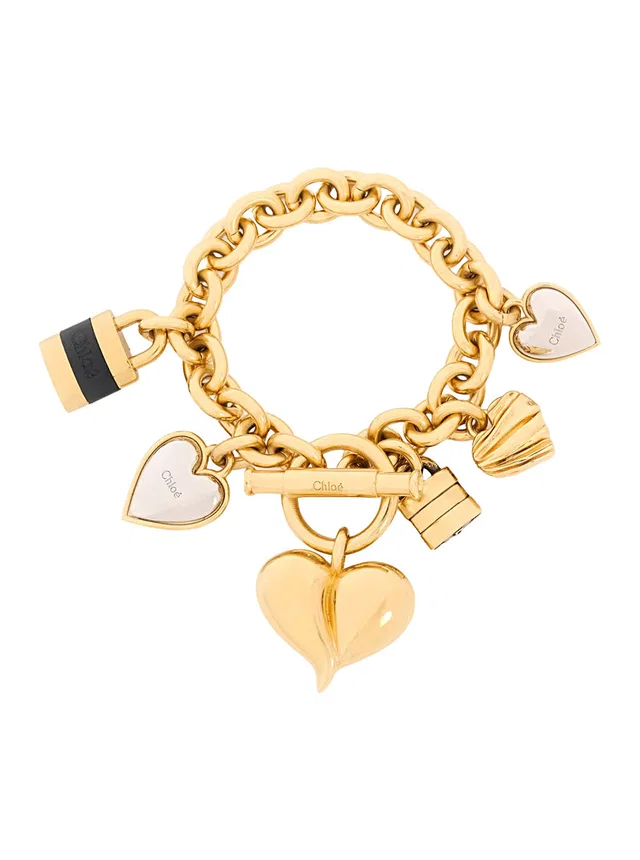 Chloé Padlock And Heart Pendant Charm Bracelet — Gold Brass Bracelets in Gold from HEWI