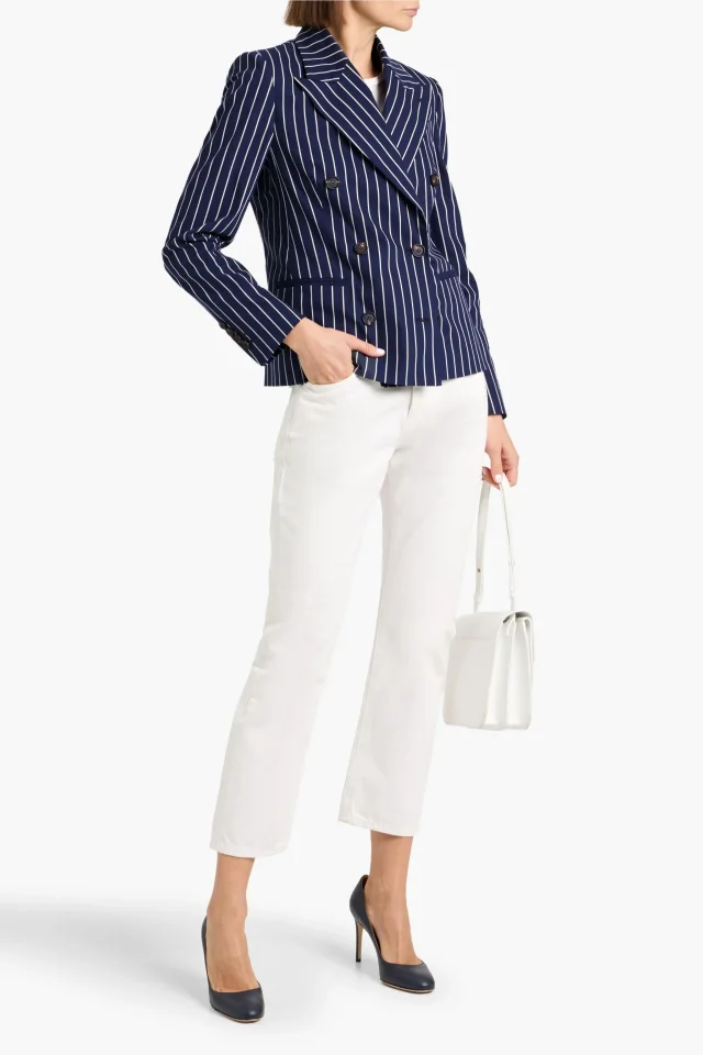 Brunello Cucinelli Striped Cotton and Silk-Blend Double-Breasted Blazer in Blue, photo 2 of 4 from THE OUTNET