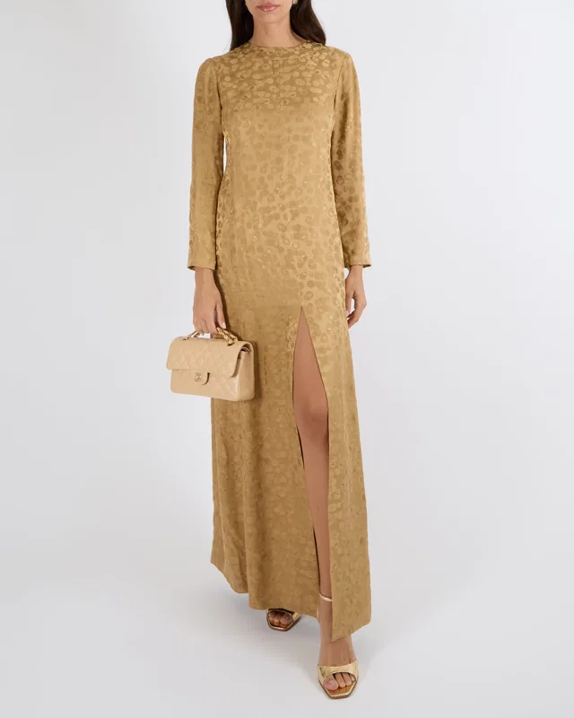 Chanel Metiers d'Art 2022 Beige Silk Polkadot Long-Sleeve Maxi Dress with Front Slit and CC Logo… in Beige Silk from Sellier