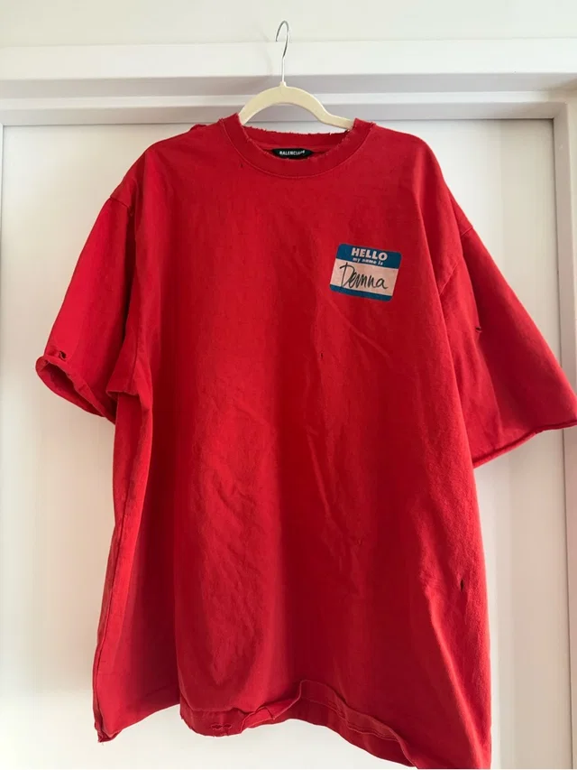 Balenciaga Oversized Red My Name Is Denma Medium Distressed T Shirt in red from Poshmark