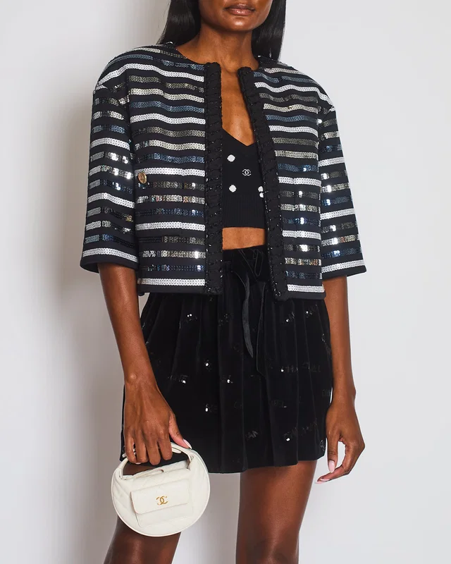 Chanel 2022 Cruise Black Cropped Sleeve CC Sequin Jacket with Braided Edge Size FR 38 (UK 10) in Black Silk from Sellier