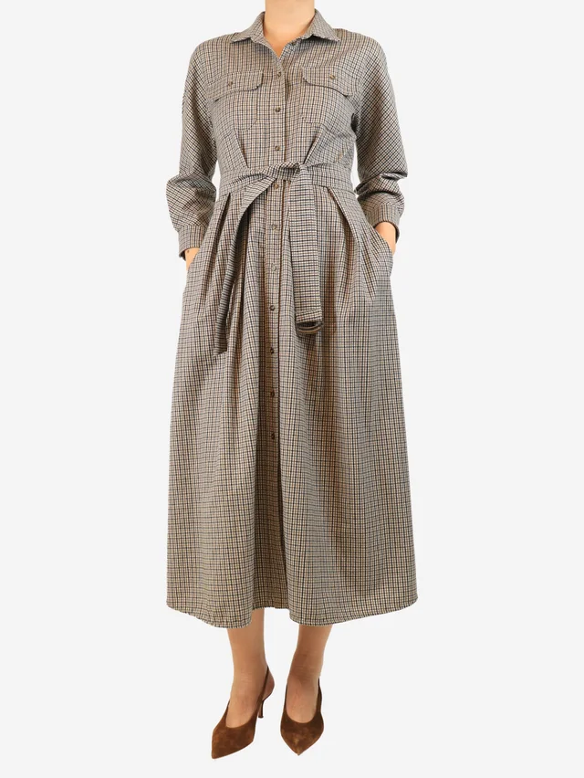 Max Mara Brown gingham belted midi dress - size UK 8 in Brown Wool from Sign of the Times, photo 2 of 2