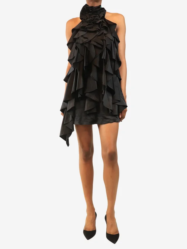 Saint Laurent Black silk frill halterneck mini dress - size UK 6 in Black Silk from Sign of the Times