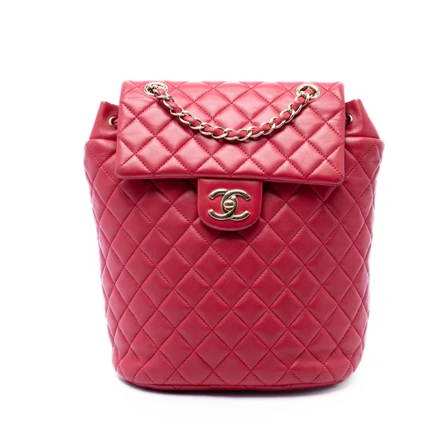 Red Chanel Mini Quilted Lambskin Urban Spirit Backpack in Red Lambskin from Designer Revival