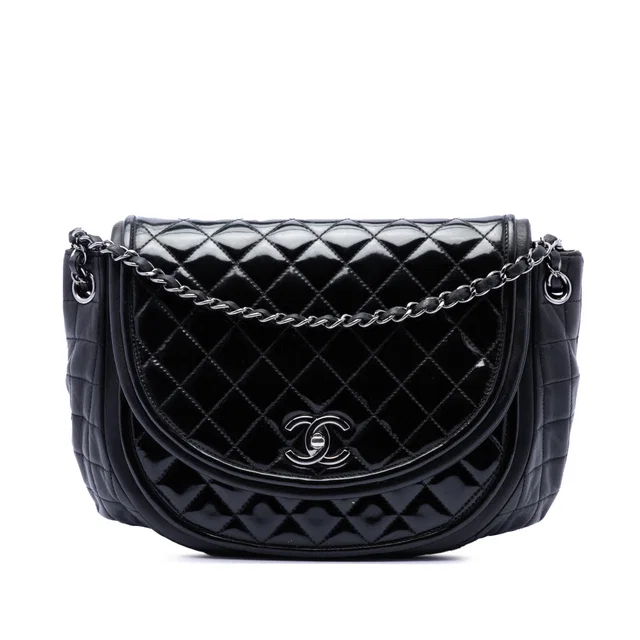 Black Chanel Quilted Patent and Lambskin Twist Crescent Flap Shoulder Bag in Black Lambskin from Designer Revival