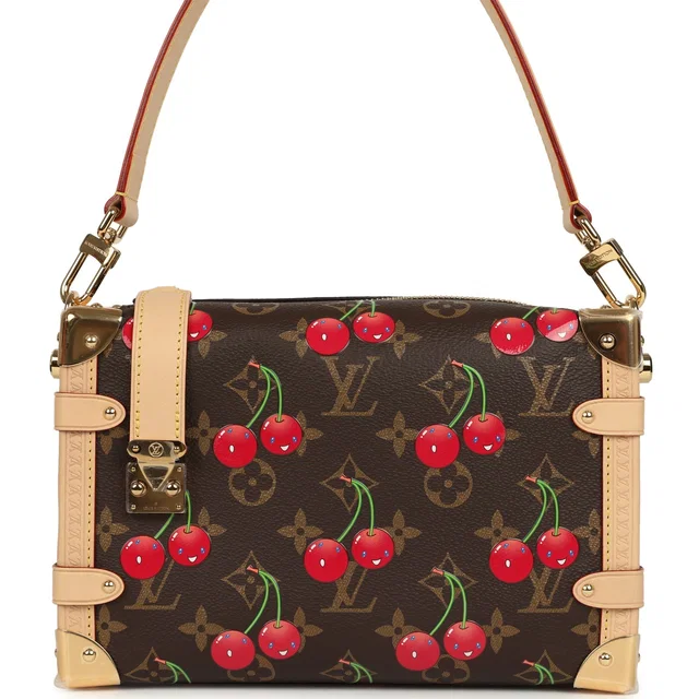 Louis Vuitton x Takashi Murakami Cheries Side Trunk MM Brown and Red Cherry Monogram Gold Hardware in Brown Coated canvas from Madison Avenue Couture