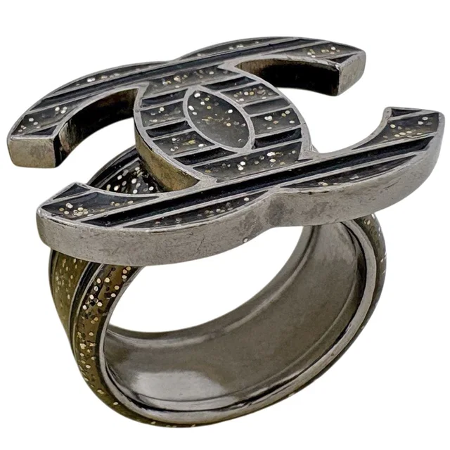 Chanel CC Logo Ring CC Mark Metal Silver Black in Black from The Reluxe