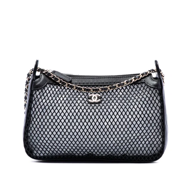 Black Chanel CC Mesh and Shiny Lambskin Clutch with Chain Shoulder Bag in Black Lambskin from Designer Revival