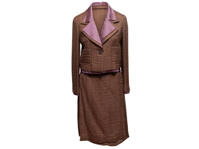 Vintage Brown & Eggplant Chanel Mohair Skirt Suit Size FR 40 in Brown Silk from Designer Revival