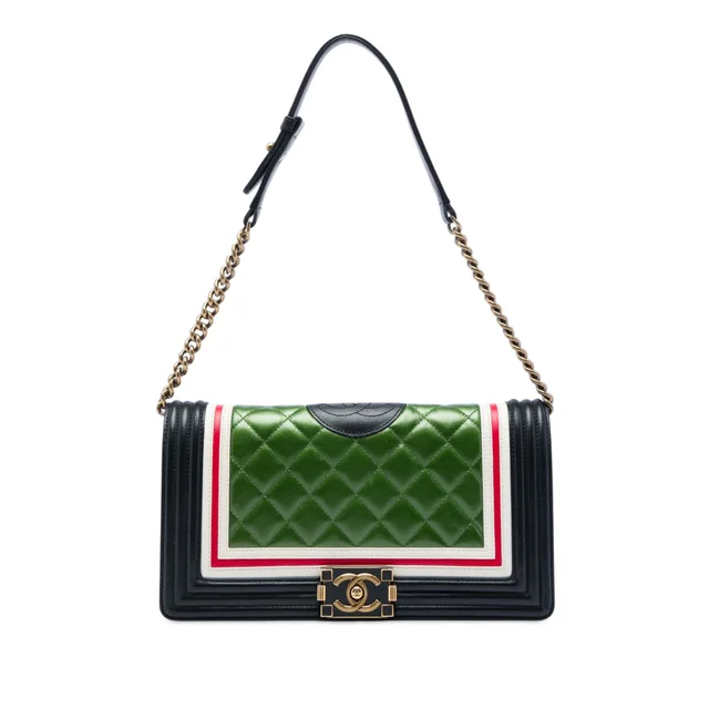Green Chanel Multicolor Quilted Lambskin Crest East West Boy Flap Shoulder Bag in Green Lambskin from Designer Revival