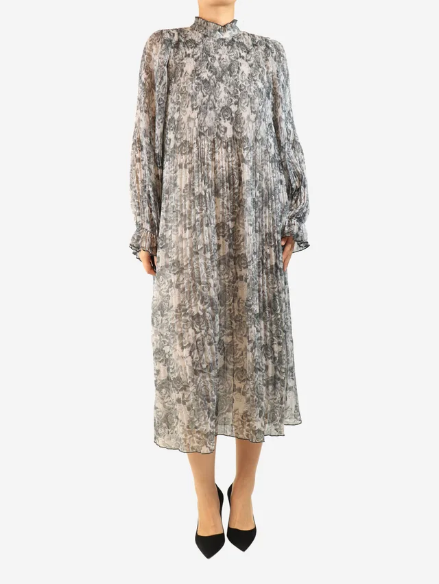 GANNI Grey printed plisse dress - size UK 12 in Grey from Sign of the Times