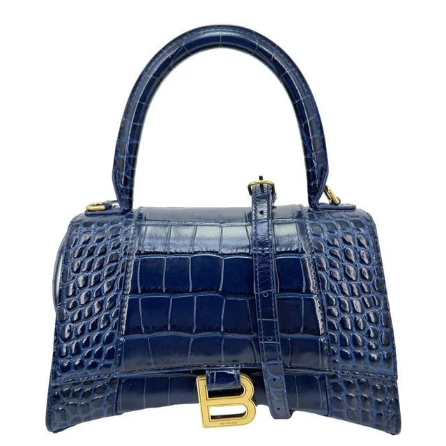 Balenciaga Hourglass Small Crocodile Embossed Top Handle Shoulder Bag Blue in Blue Crocodile from Dallas Designer Handbags