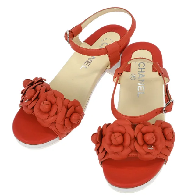 Chanel 2015 Camellia Embellished Ankle Strap Sandals Shoes #37 in Leather from AMORE Vintage Tokyo