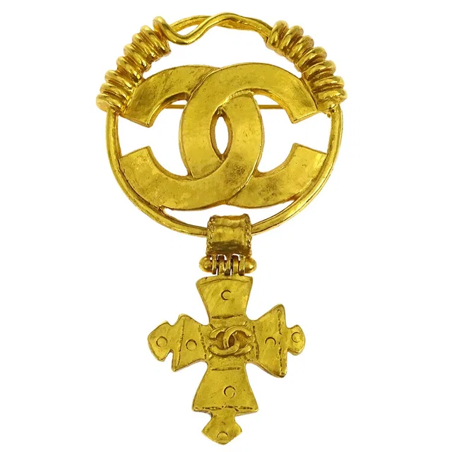 Chanel Medallion Dangle Cross Brooch Pin Gold 94P in Gold from AMORE Vintage Tokyo