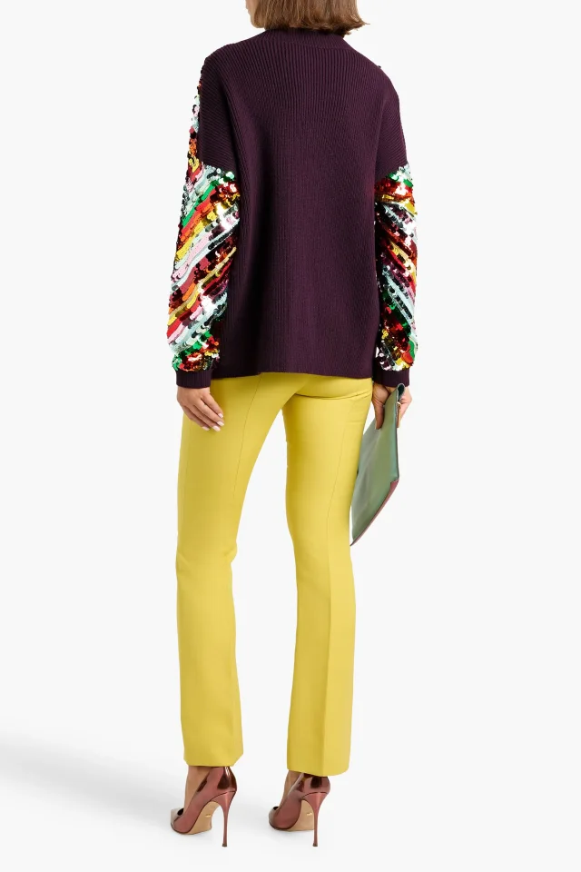 Valentino Garavani Sequin-Embellished Virgin Wool V-Neck Sweater in Merlot, photo 3 of 4 from THE OUTNET