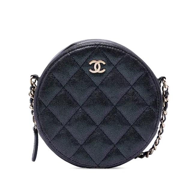 Black Chanel CC Quilted Iridescent Caviar Round Clutch With Chain Crossbody Bag in Black Caviar leather from Designer Revival