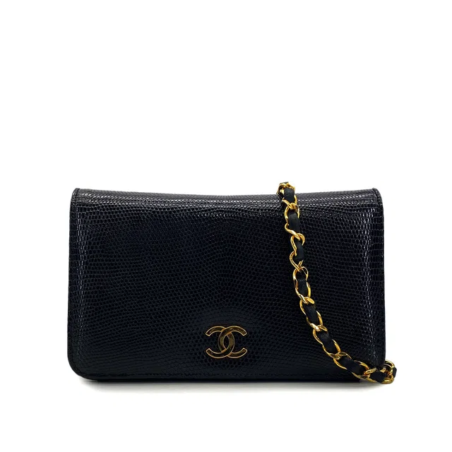 Chanel Vintage Chain Shoulder Bag Black Lizard Gold Hardware in Black Lizard from Luxury Promise