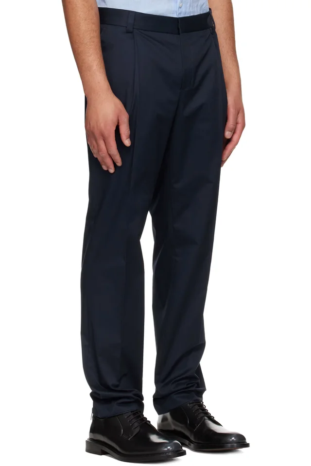 Hugo Navy Slim-Fit Paper-Touch Stretch Cotton Trousers, photo 2 of 4 from SSENSE