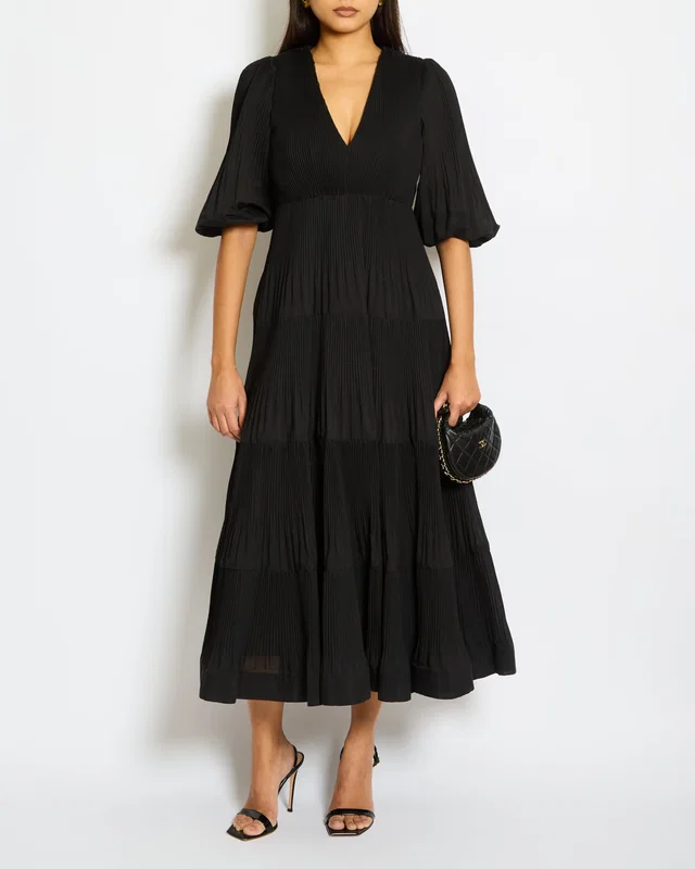 Zimmermann Black Mid-Sleeve V Neck Pleated Maxi Dress Size 0 (UK 8) in Black from Sellier