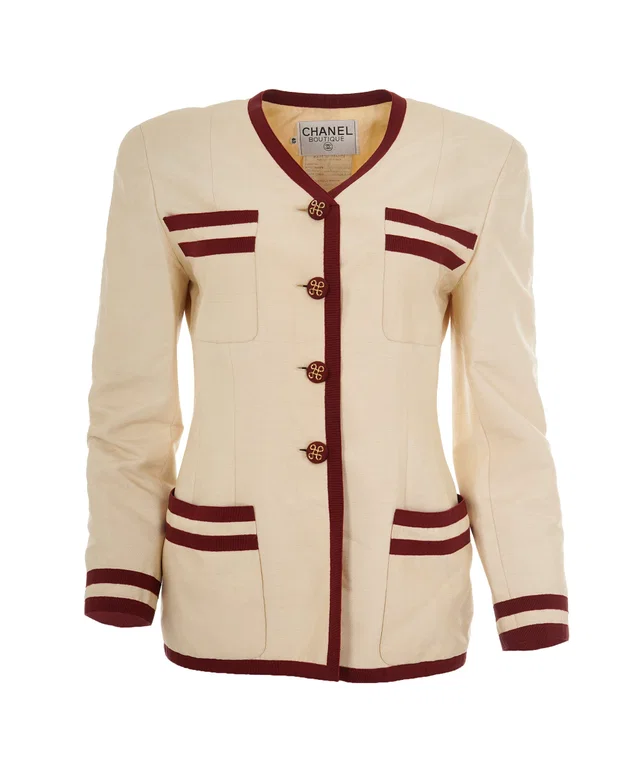 Chanel Vintage 1980's Burgundy Trim Suiting Jacket in Burgundy Silk from Luxury Promise