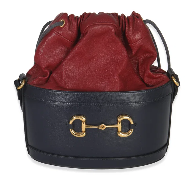 Gucci Red Navy Calfskin Horsebit 1955 Drawstring Bucket Bag Blue; Leather Handbag in Red Calfskin from HEWI