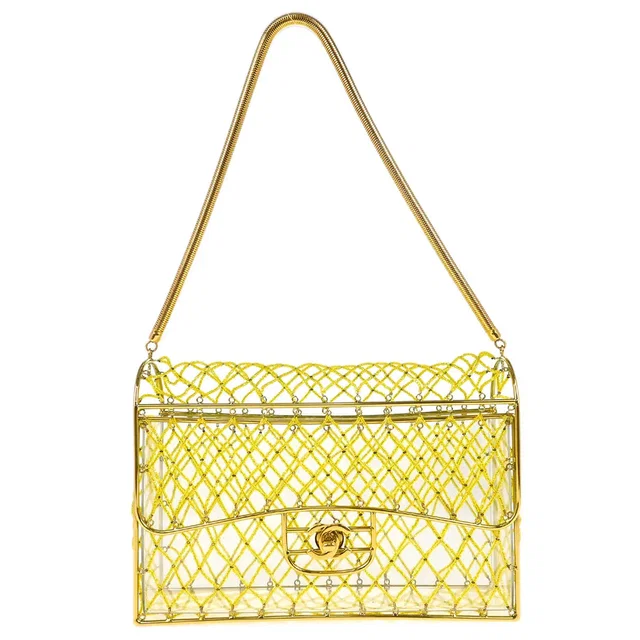 Chanel Clear Cage Bag in Lucite with Beading, Gold Tone Frame and Chain Strap in Gold Resin from AMORE Vintage Tokyo