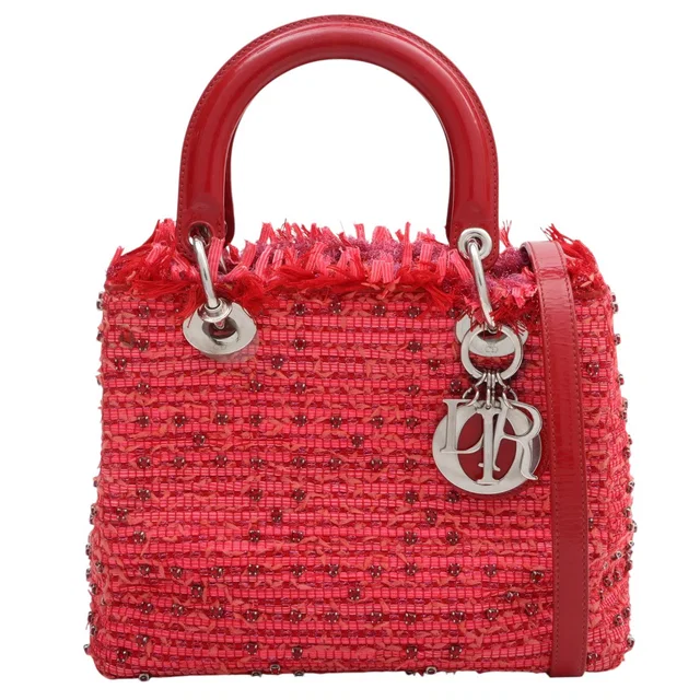 Tweed Bead Fringe Lady Dior 2-way Bag Red/Pink in Red Tweed from VINTAGE QOO TOKYO