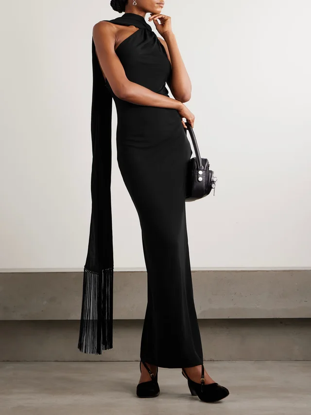 ACNE STUDIOS Dassy one-shoulder fringed tie-detailed stretch-knit gown in Black, photo 2 of 2 from NET-A-PORTER (Canada)