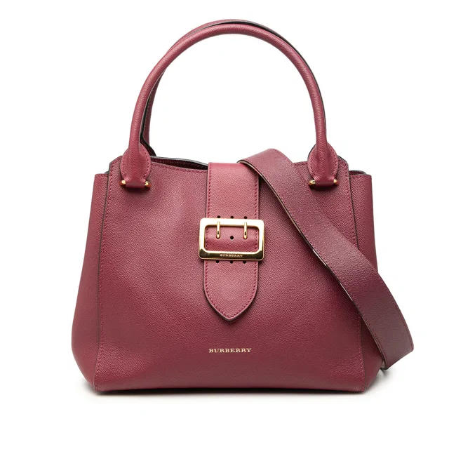 Red Burberry Medium Grained Calfskin Buckle Tote Satchel in Red Caviar leather from Designer Revival