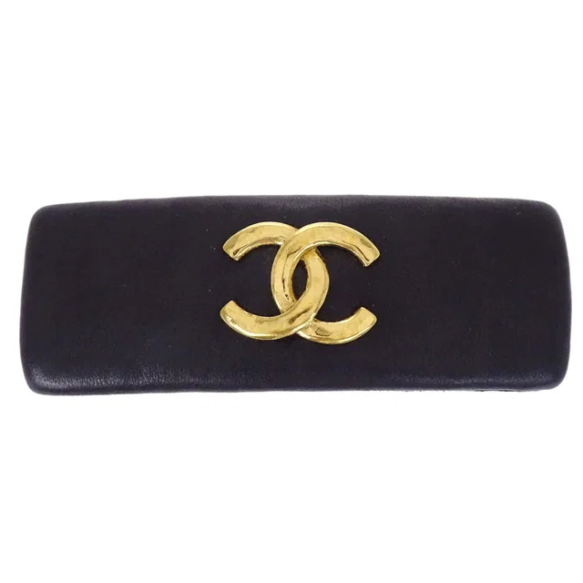 Chanel Hair Clip Barrette CC Black Gold Leather Hair Accessories in Black Leather from AMORE Vintage Tokyo
