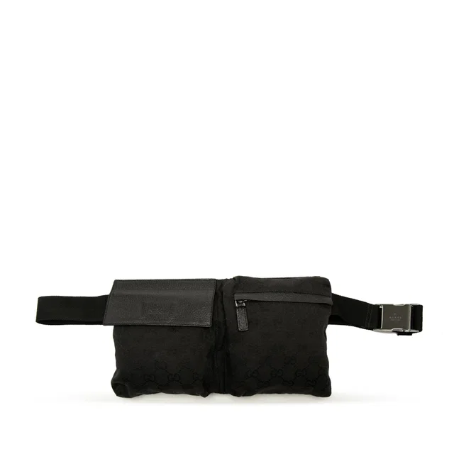 Black Gucci GG Canvas Double Pocket Belt Bag in Black Canvas from Designer Revival