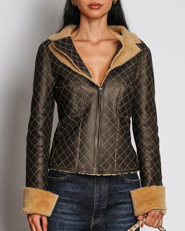Chanel 04A Brown Quilted Leather Jacket with Shearling Lining and Collar Size FR 42 (UK 14) in Brown Leather from Sellier