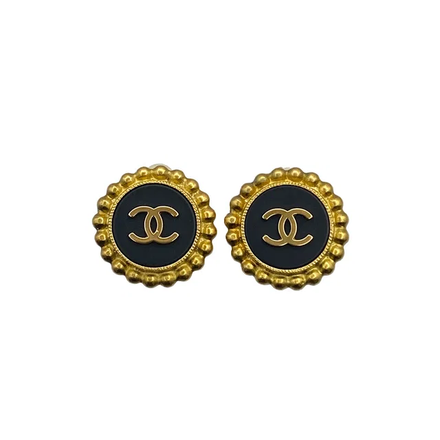 Chanel Vintage Earrings Cocomark Round Black Gold Accessory 95P in Black from Luxury Promise