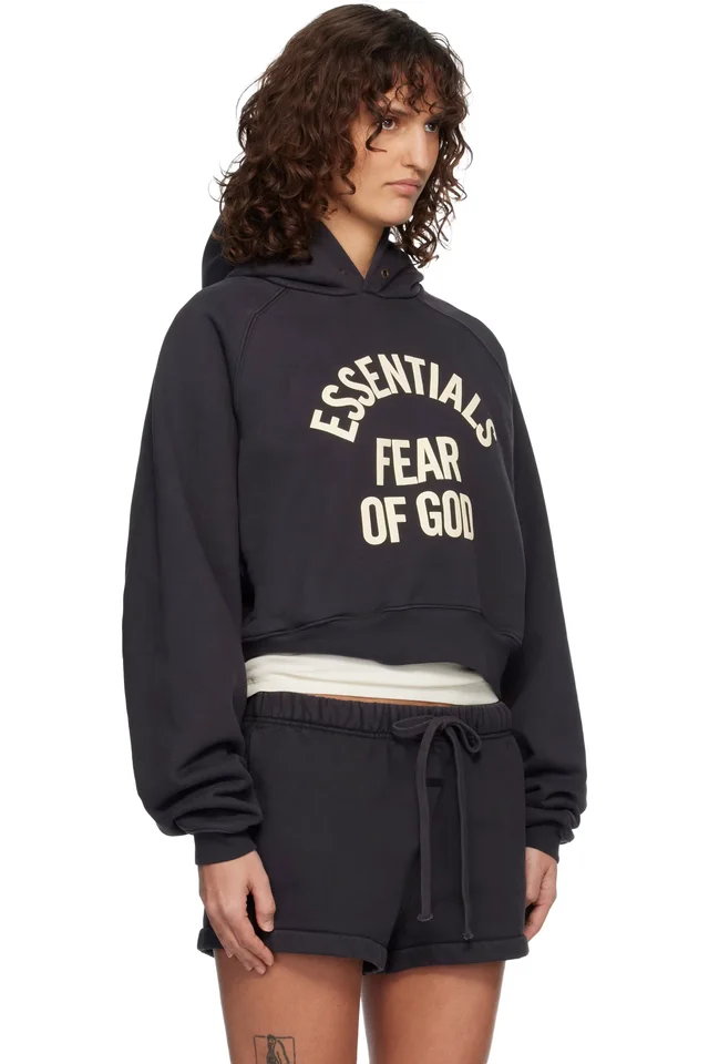 Fear of God ESSENTIALS Black Campus 90's Cropped Raglan Hoodie, photo 2 of 4 from SSENSE
