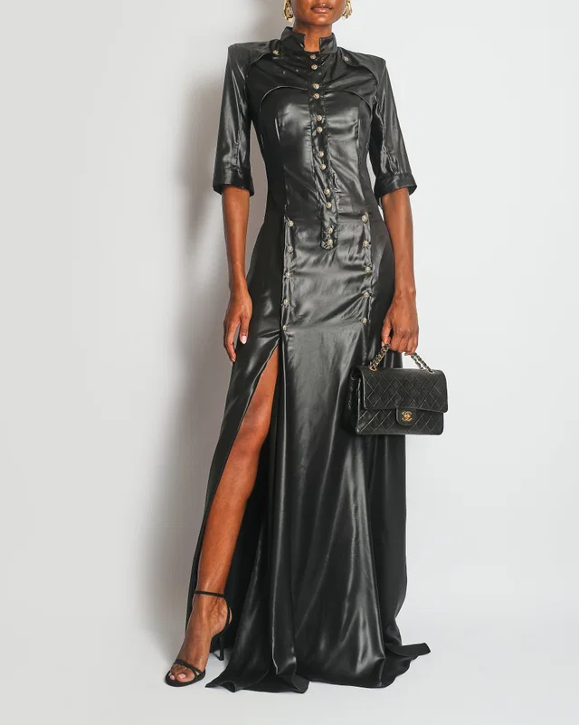 Balmain Black Leather Effect Maxi Dress with Gold Button Details Size FR 38 (UK 10) in Black Leather from Sellier