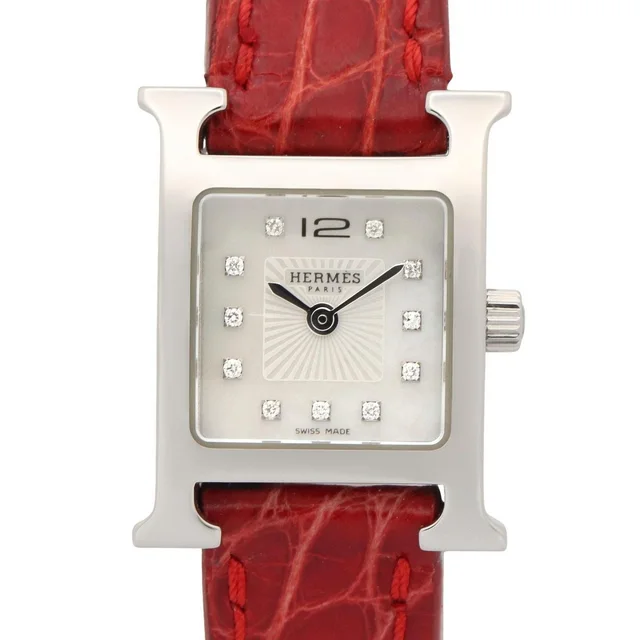 Hermès Watch Mini White Shell Stainless Steel Diamond in White Leather from The Reluxe