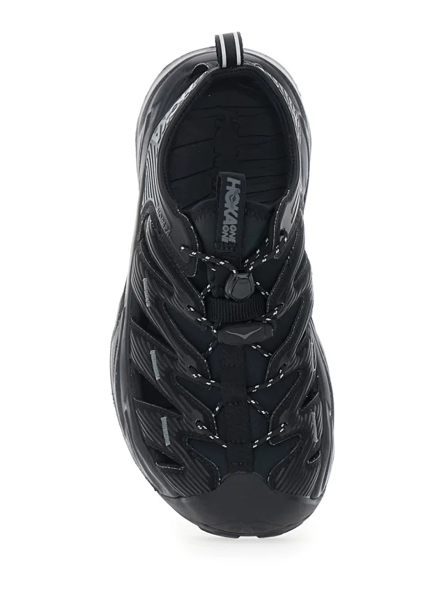 HOKA 'Hopara' Black Sandals with high rubber sole and logo lettering on the side in Tech Fabric Unisex in Black 100% Textile/Rubber, photo 5 of 6 from Gaudenzi Boutique