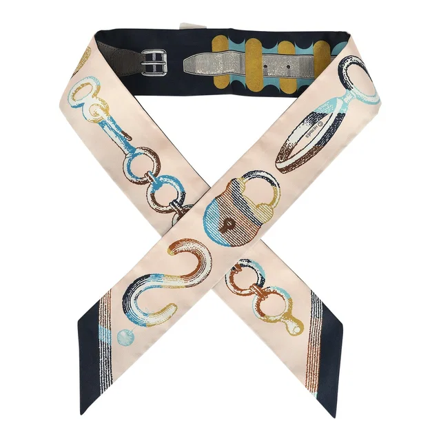 Hermès "C'est La Fete" Gris, Rose, Bleu Marine Multi Silk Twilly Pair in Navy Silk from Madison Avenue Couture