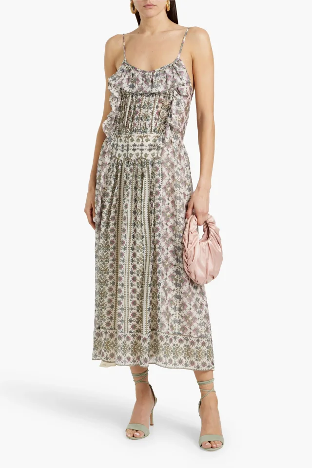 Isabel Marant Macha Ruffled Printed Silk-Jacquard Midi Dress in Ecru, photo 2 of 4 from THE OUTNET