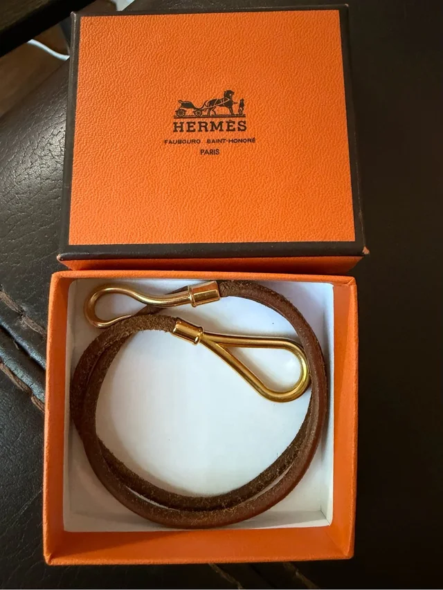 Hermès Brown Leather And Gold-Tone Hook Bracelet in gold|brown|red Leather from Poshmark