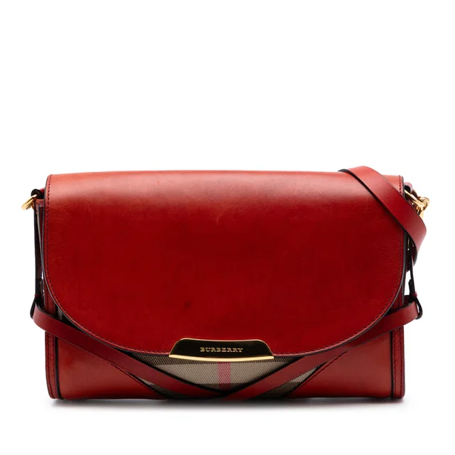 Red Burberry Leather and House Check Canvas Bridle Abbott Crossbody in Red Canvas from Designer Revival